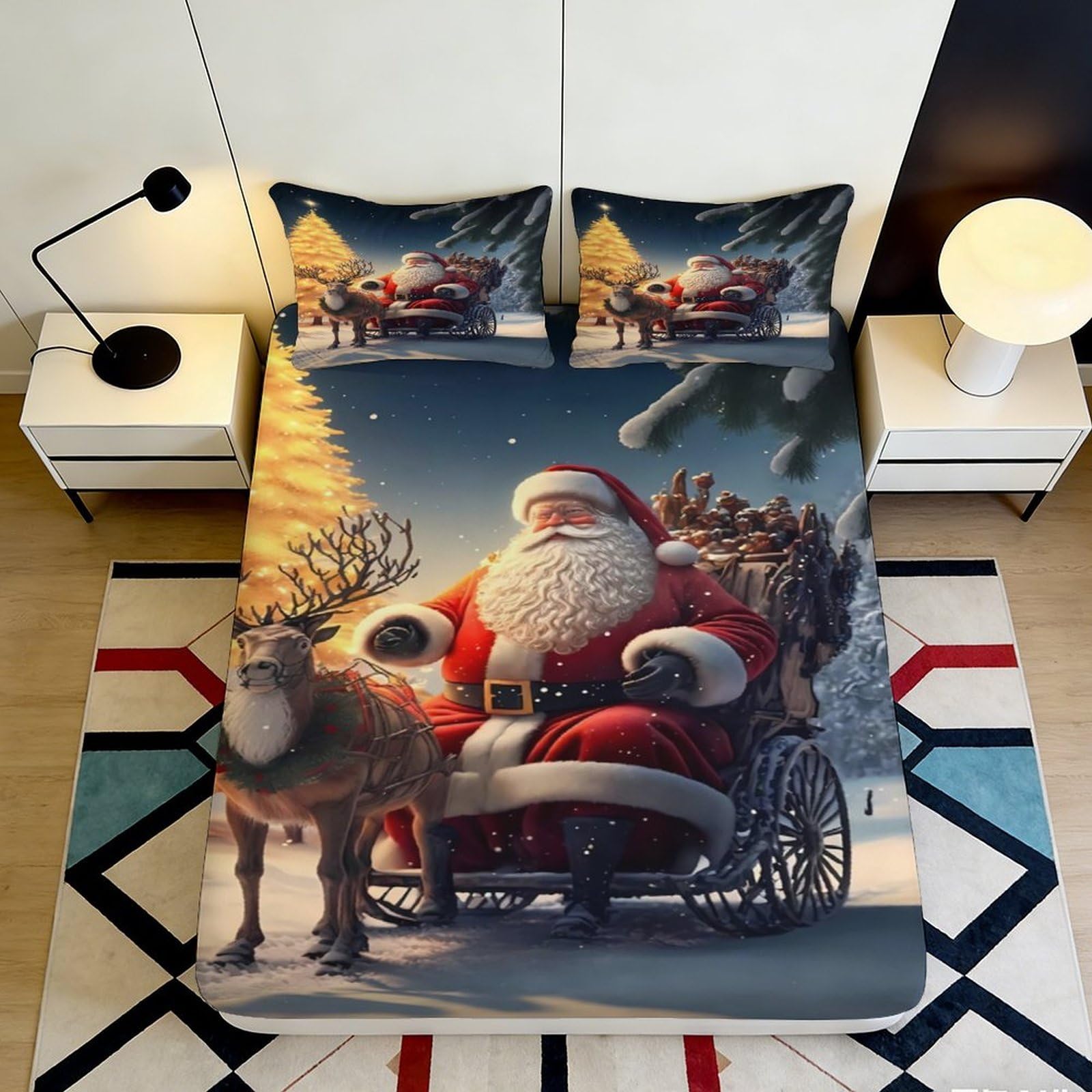 3D Printed Christmas Santa Reindeer Fitted Sheet Microfiber Soft Anti-Slip Tree Bed Cover for Bedroom Guest Room 140x200x25cm