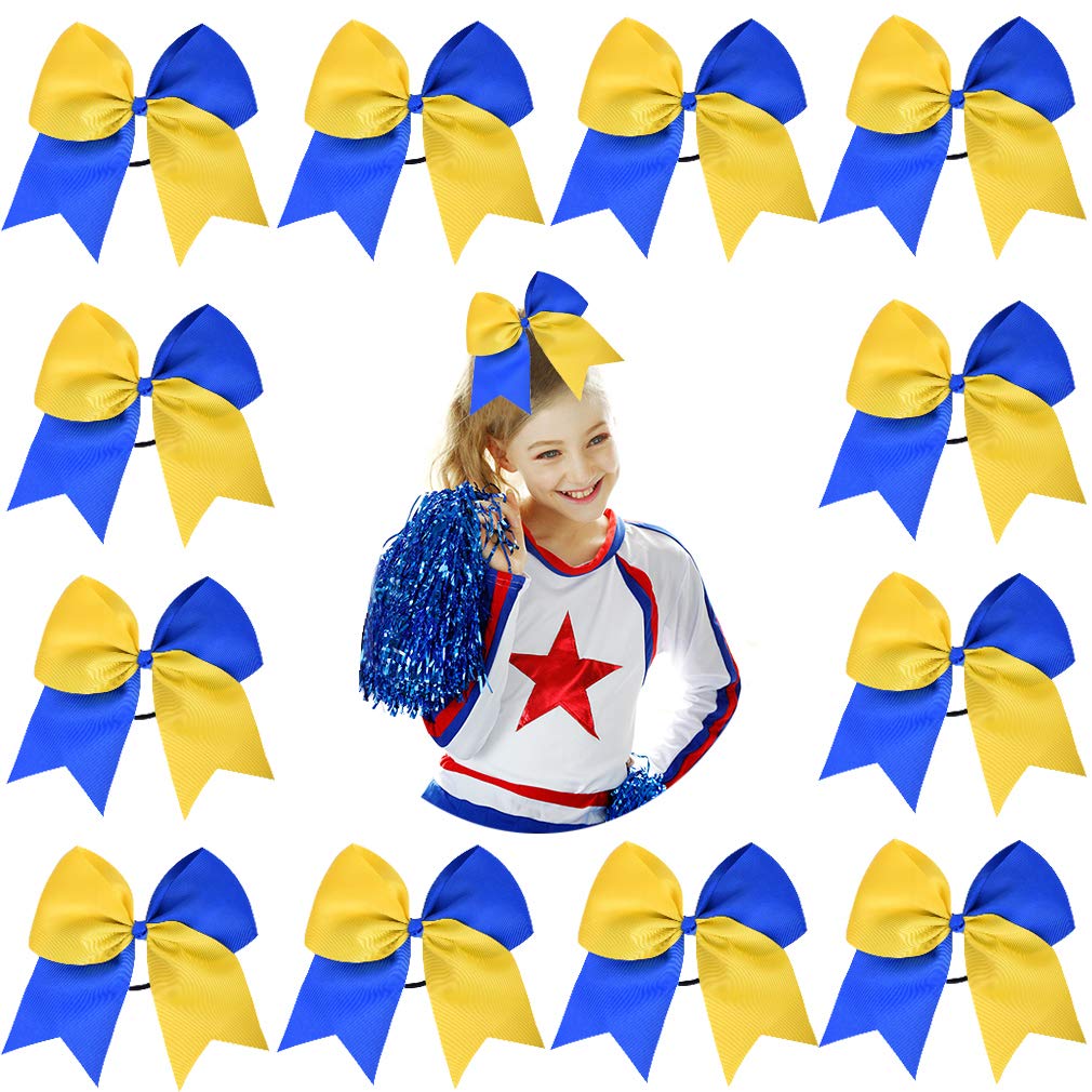 DEEKA 12PCS 8" Two Toned Large Cheer Hair Bows Ponytail Holder Handmade for Teen Girls Softball Cheerleader Sports-Royal Blue/Yellow