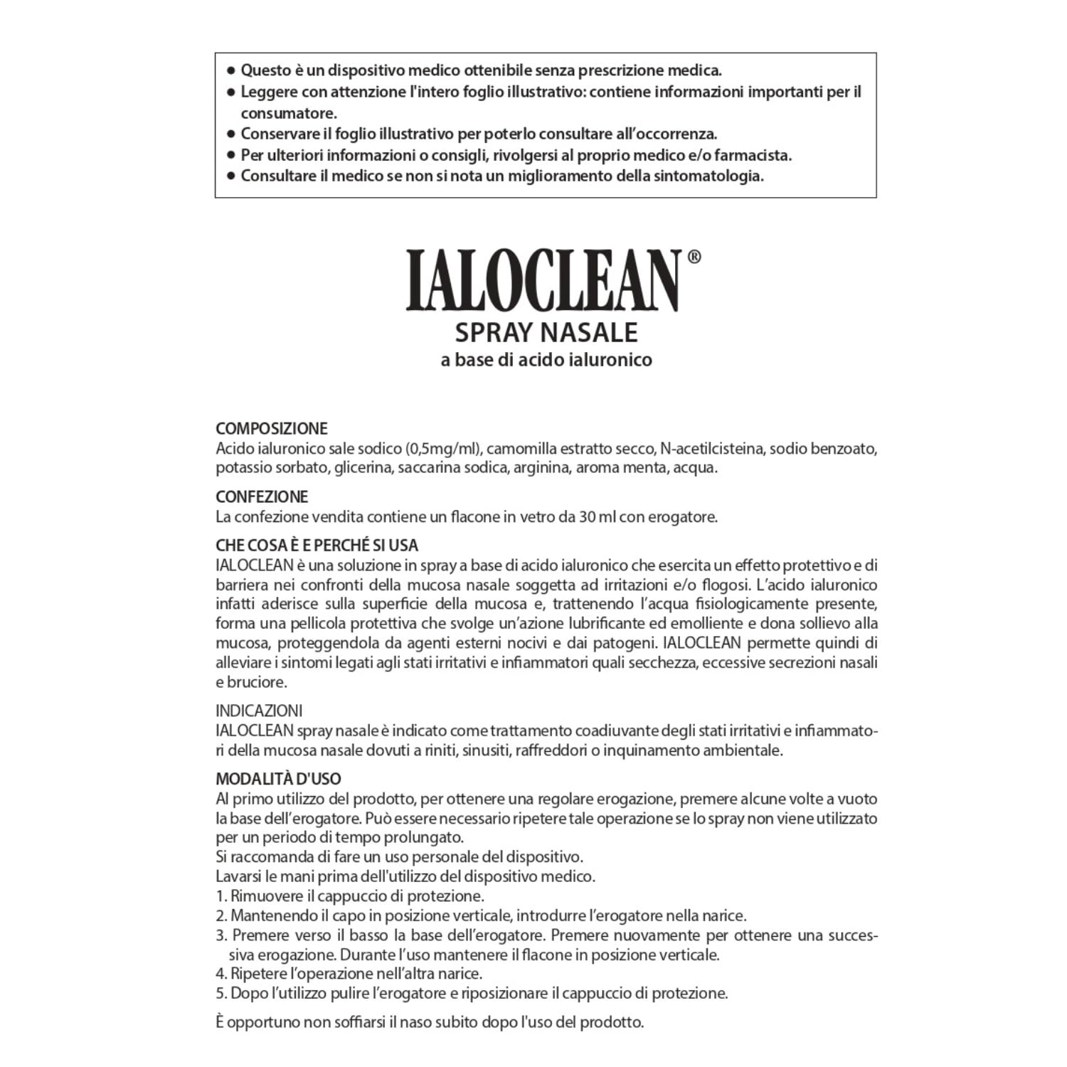 FARMA-DERMA Ialoclean Spray Nasale 30ml a Base di Acido Ialuronico | Idratante, Lubrificante, Emolliente e Protettivo | Coadiuvante degli Stati Irritativi e Infiammatori Mucosa Nasale