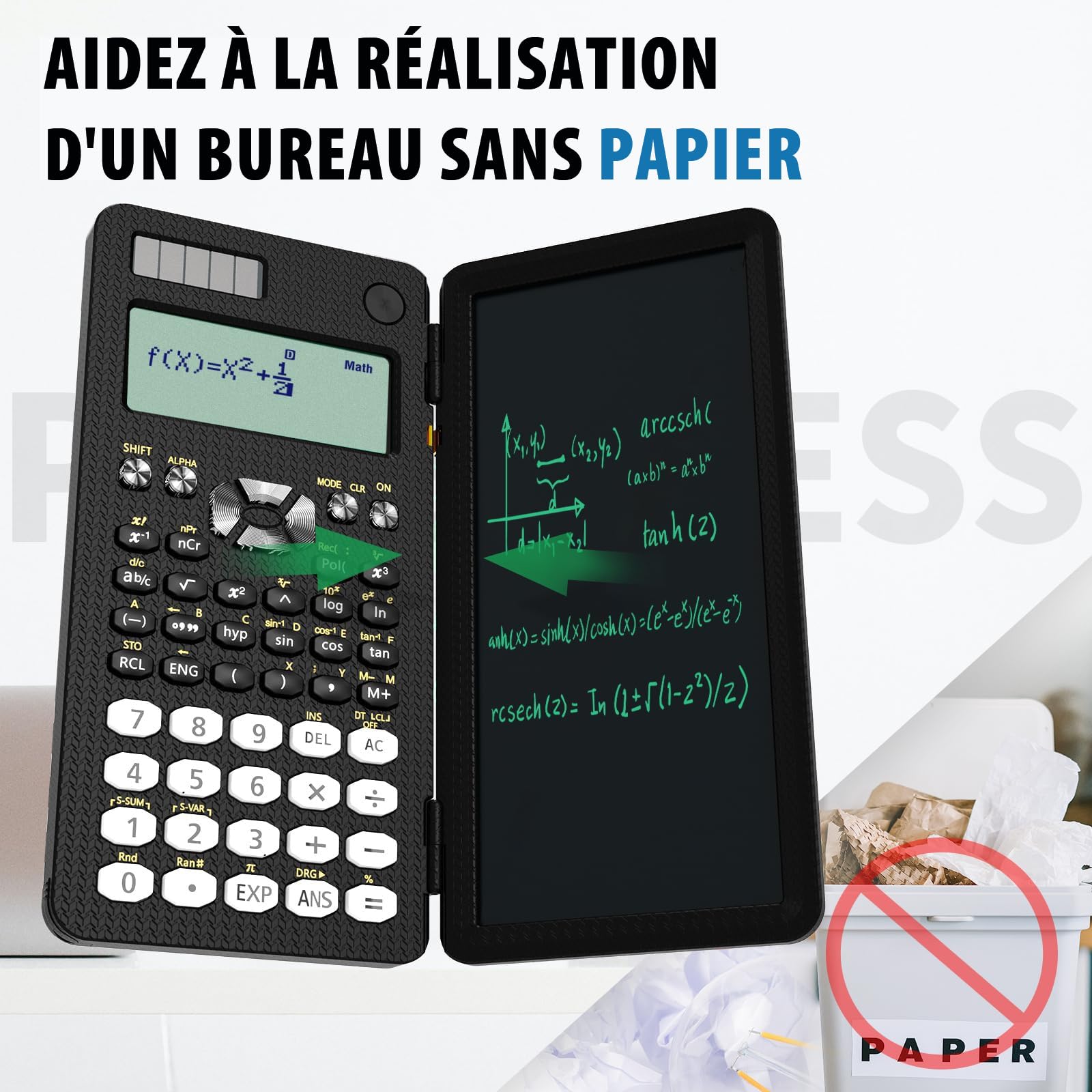 Calculatrice scientifique ROATEE 82MS Plus avec tablette d'écriture LCD effaçable, double alimentation solaire et batterie