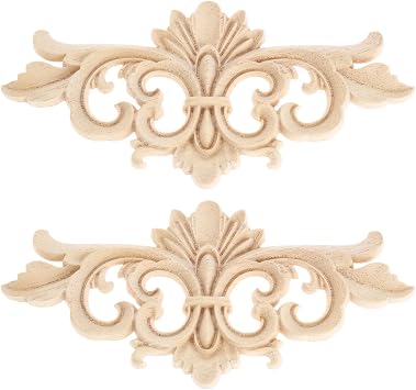 Wood Appliques Decorative Center Carved Onlays, Unpainted Flower Carved Ornament Decals for Door Fireplace Mirror Wall Cabinet Dresser Mantel Bed Closet Furniture DIY Project, 16x7cm/6.3"x2.76", 2Pcs