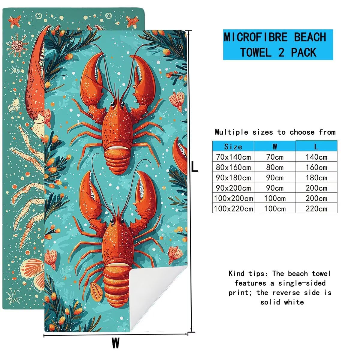 Telo Mare Microfibra, Telo Mare Grande 100x220cm 2 Pezzi, Asciugamano Palestra Donna Asciugatura Rapida, Antisabbia Asciugamano Microfibra, Leggero Asciugamani Palestra per Regalo (Aragosta) -4230
