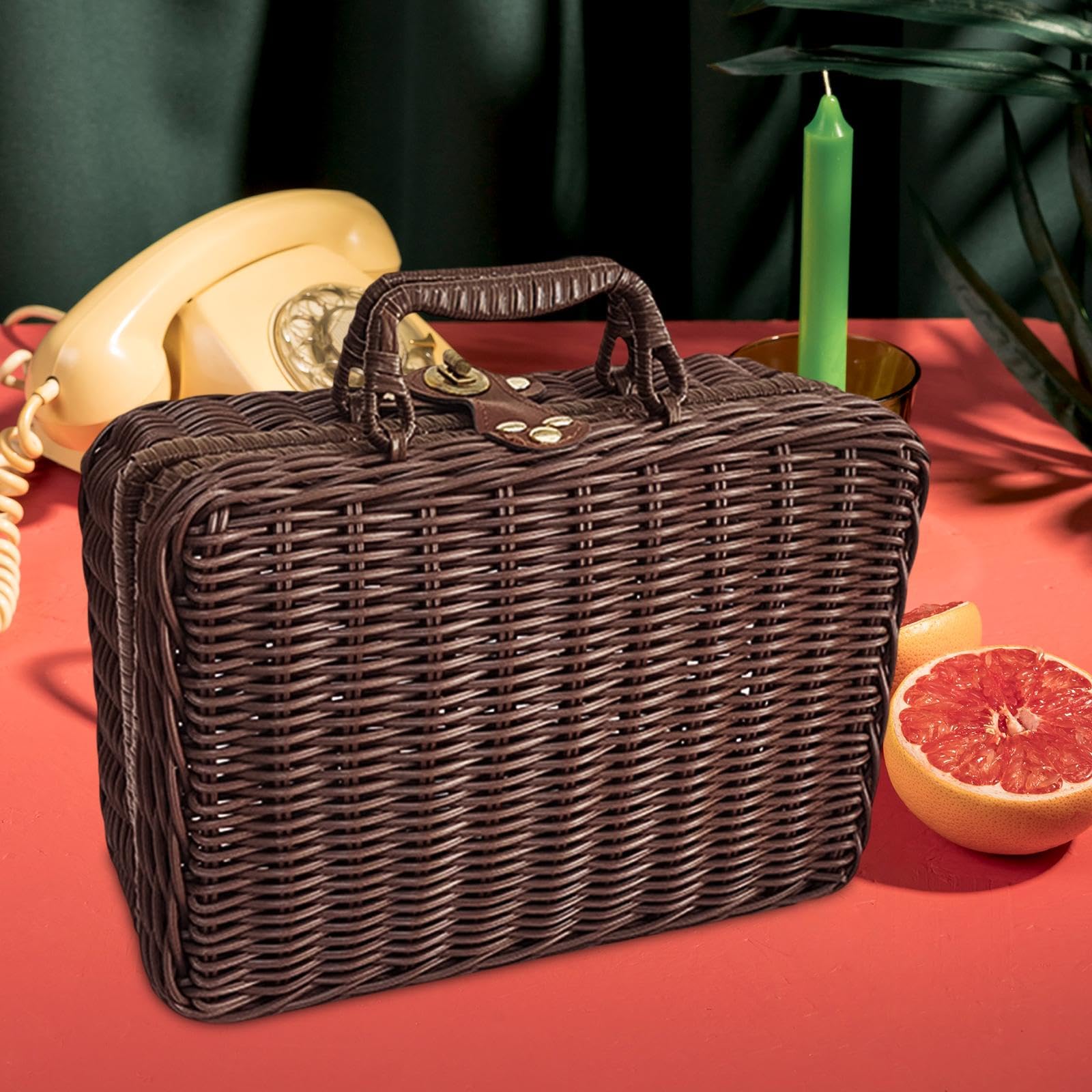 Cestino da Picnic, Cestino Portaoggetti Intrecciato, Contenitore Impilabile, Valigia retrò di Plastica, Cesto per Picnic, Festa al, Marrone, XL