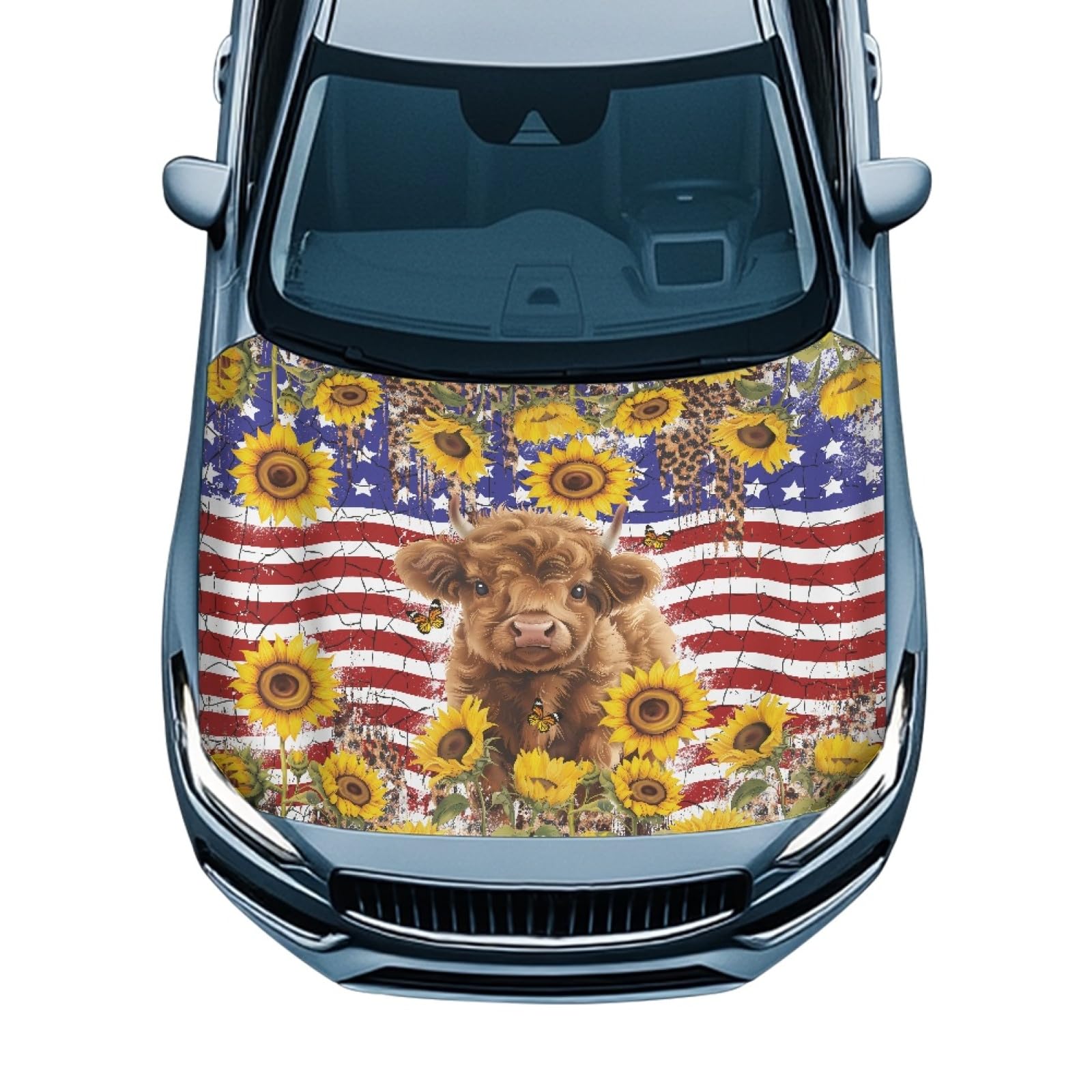 Car Hood Cover,Cow and Sunflower All Weather Comfortable Car Hood Cover Protector Suitable Most Automotive Sedans Trucks Pickup Sports Cars for Outdoor