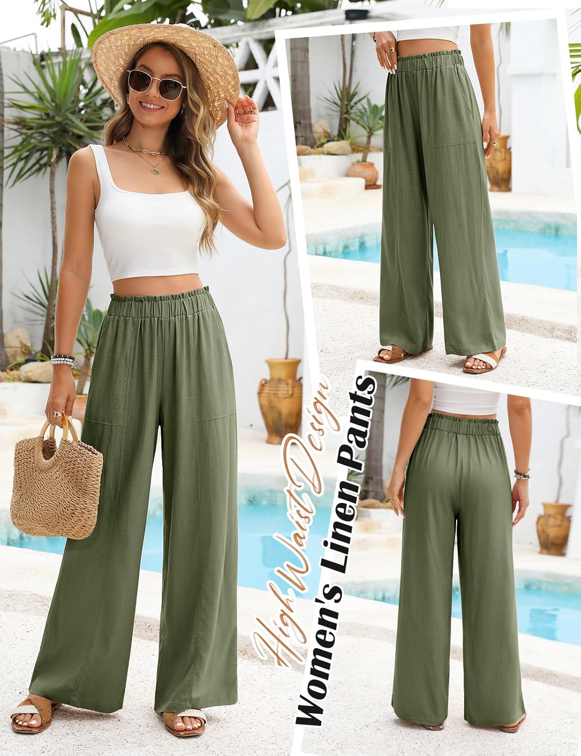 Linen Pants Women Summer Wide Leg Palazzo Pants Loose Slim High Waist Flowy Beach Boho Lounge Trouser Work Outfits 2026 - Image 2
