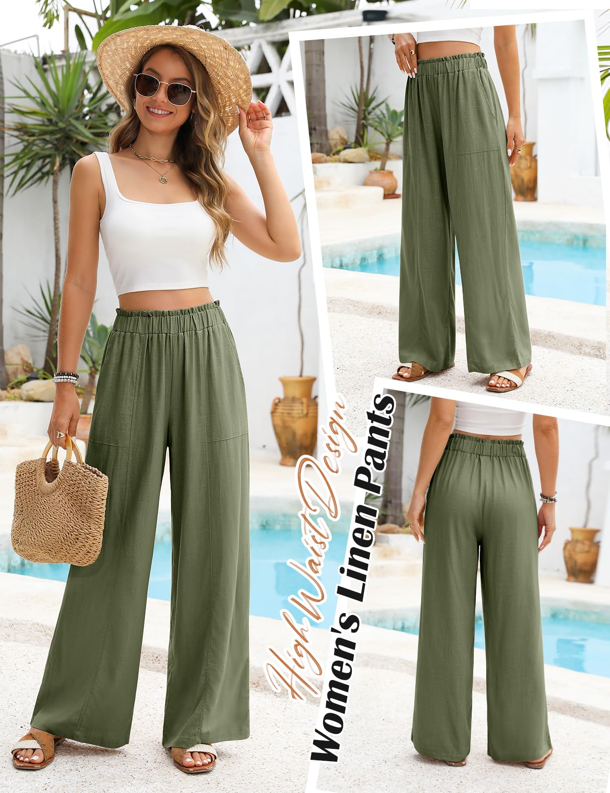 Niwicee Pantalon Fluide Femme Été Pantalon Lin Taille Haute Elastique Pantacourt Jambes Larges Ample Décontractée Palazzo Élégant Pants Solide Coupe Droite Pants avec Poches