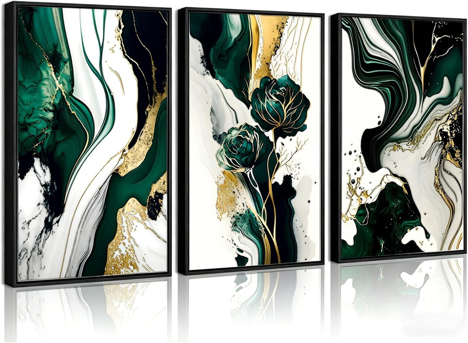 lianyibo 3Pcs Black Green Gold Wall Art,Modern Abstract Marble Canvas Prints Wall Art Printing Posters Living Room Bedroom Decor(40x60x3/Frameless)