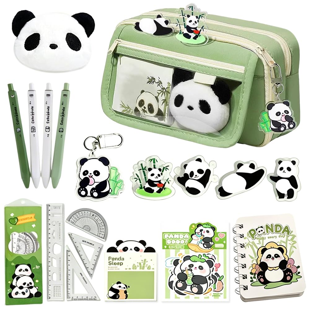 Panda Stationery Set for Kids, Cute School Supplies with Large Pencil Case, Gel Pens, Notebook, Sticky Notes, Stickers & Math Ruler, Back to School Birthday Gift Set for Girls Boys Students