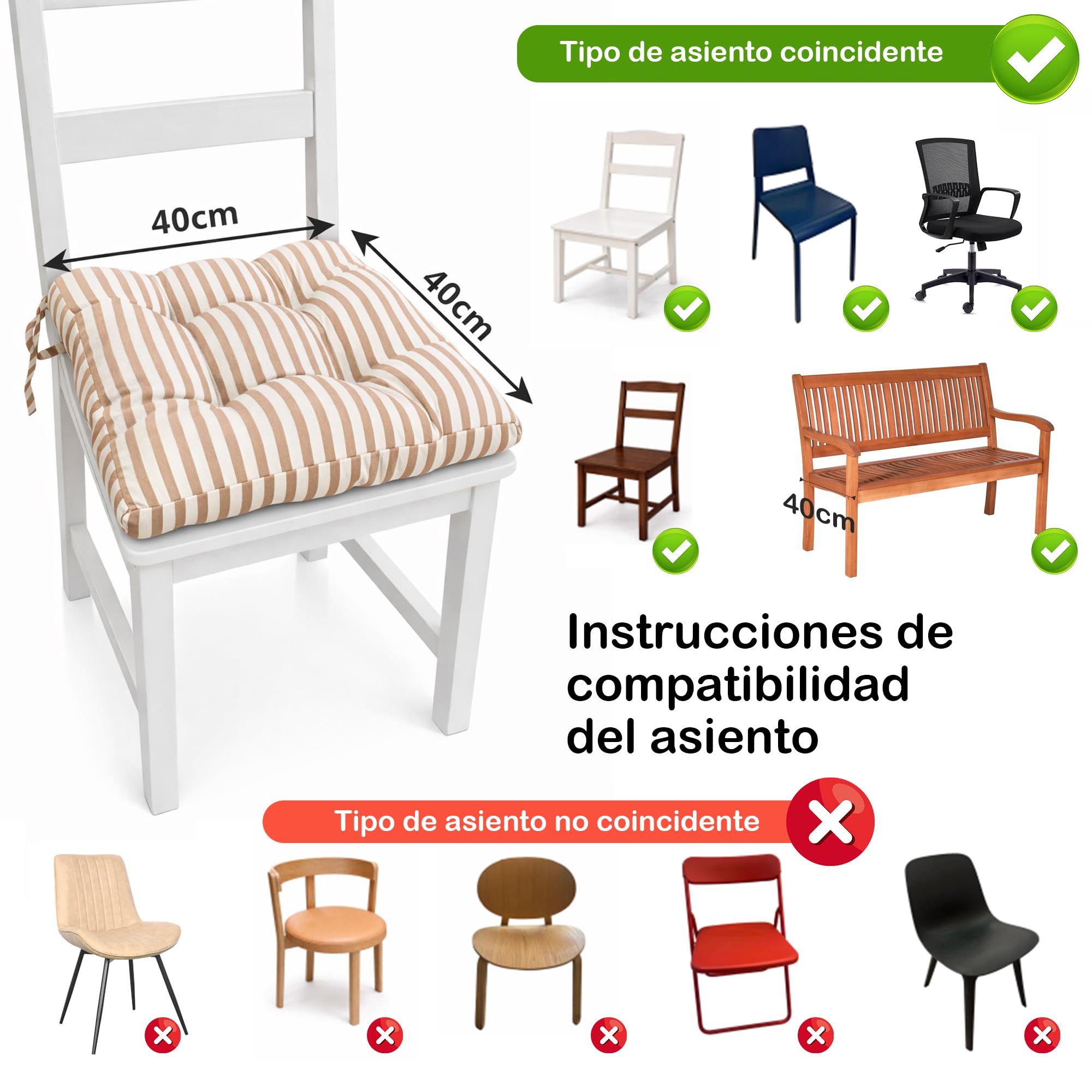 Viste tu hogar Pack 4 Cojines para Silla, 40x40x5 CM, Efecto Tridimensional, Relleno de 100% Poliéster, Ideal para Comedor, Terraza, Salón y Restaurante, Color Raya Beige, Fabricado en España