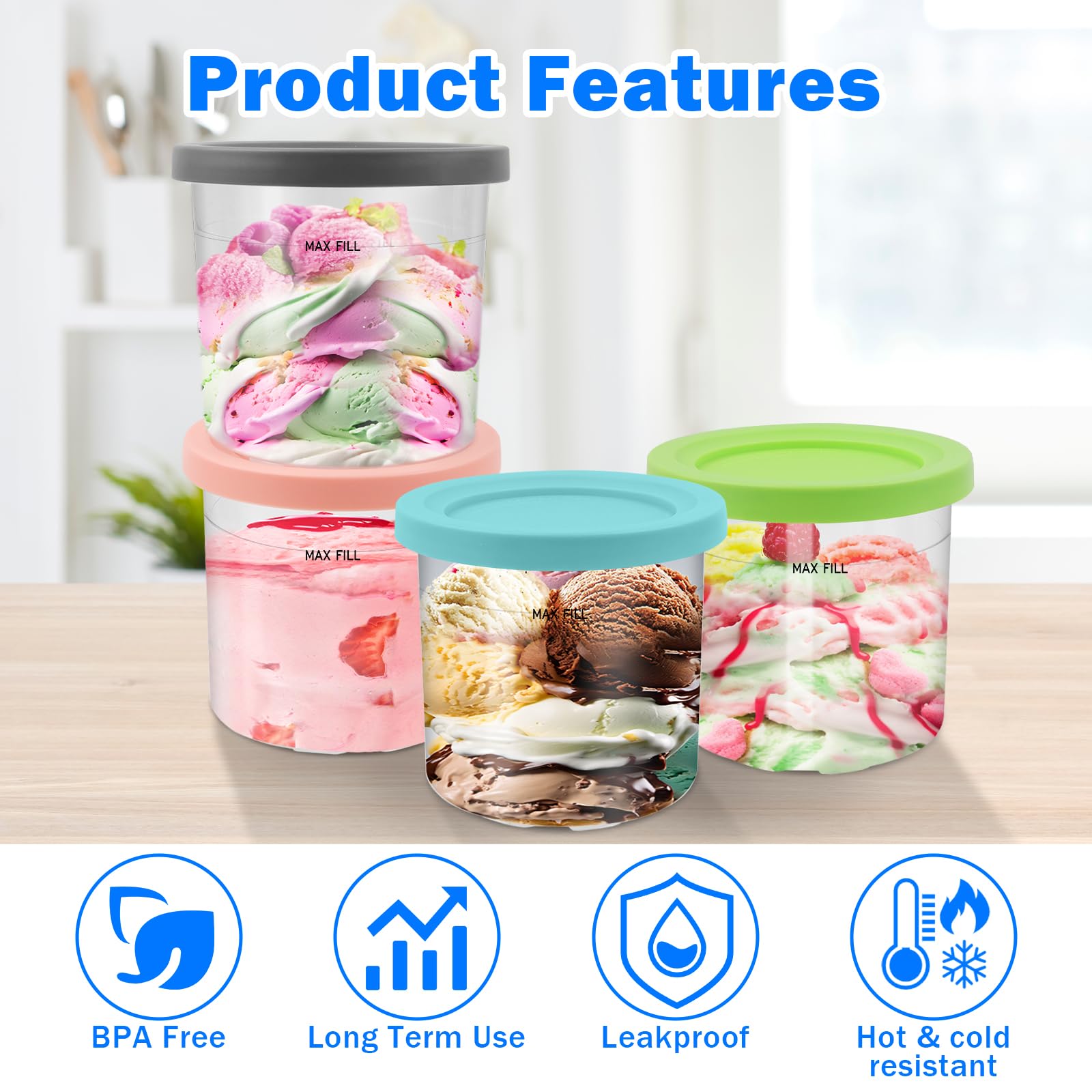 4 Pcs Ice Cream Tubs for creami Ninja NC300UK, NC301, CN301CO Series - BPA-Free & Dishwasher Safe Creami Pint Containers with Spoons - Image 3