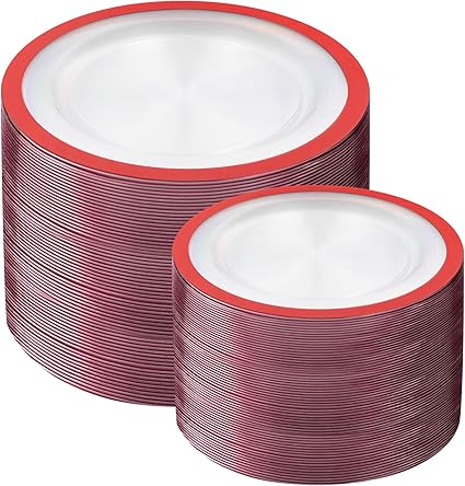 U-QE 200PCS Red Plastic Plates - Clear Red Plastic Plates Disposable Heavy Duty - Include 100 10" Dinner and 100 7" Dessert Platos for Party