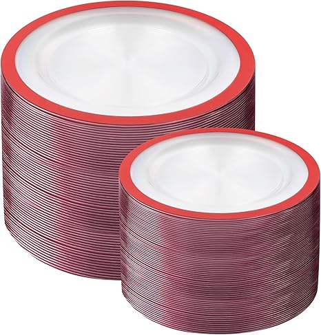 U-QE 200PCS Red Plastic Plates - Clear Red Plastic Plates Disposable Heavy Duty - Include 100 10" Dinner and 100 7" Dessert Platos for Party