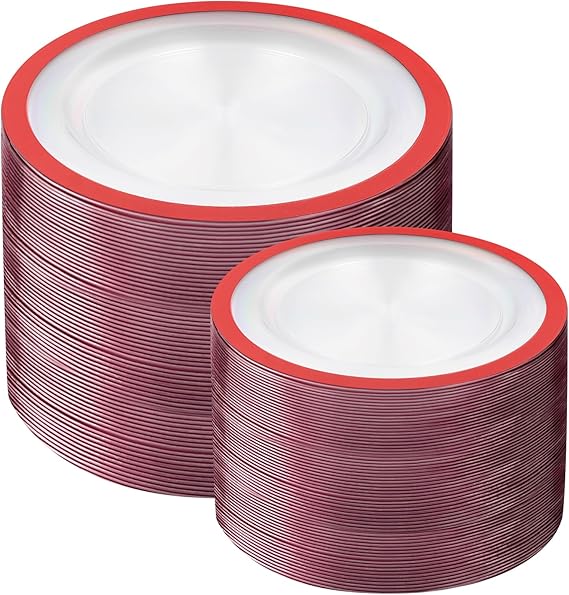 U-QE 200PCS Red Plastic Plates - Clear Red Plastic Plates Disposable Heavy Duty - Include 100 10" Dinner and 100 7" Dessert Platos for Party