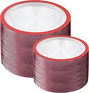 U-QE 200PCS Red Plastic Plates - Clear Red Plastic Plates Disposable Heavy Duty - Include 100 10" Dinner and 100 7" Dessert Platos for Party
