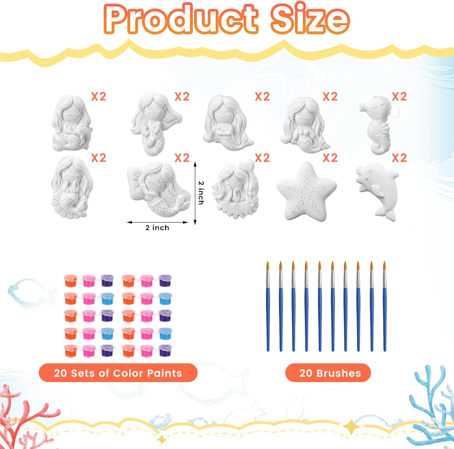 20 Pack Mermaid Ceramic to Paint Your Own Ceramic Painting Kit DIY, Mermaid Statues Unpainted Plaster Figurines with Brush Paint Ceramics kit Arts and Craft for Adults Holiday Birthday Party Favors