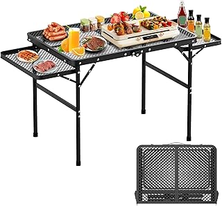 Large Folding Camping Table with 2 Extra Desktop,53.14 x 30.3 x 23.6 inches Heighten Grill Table,Adjustable Metal Outdoor Grill Table for Outside,Portable Camping Cooking Tables for Picnic, BBQ