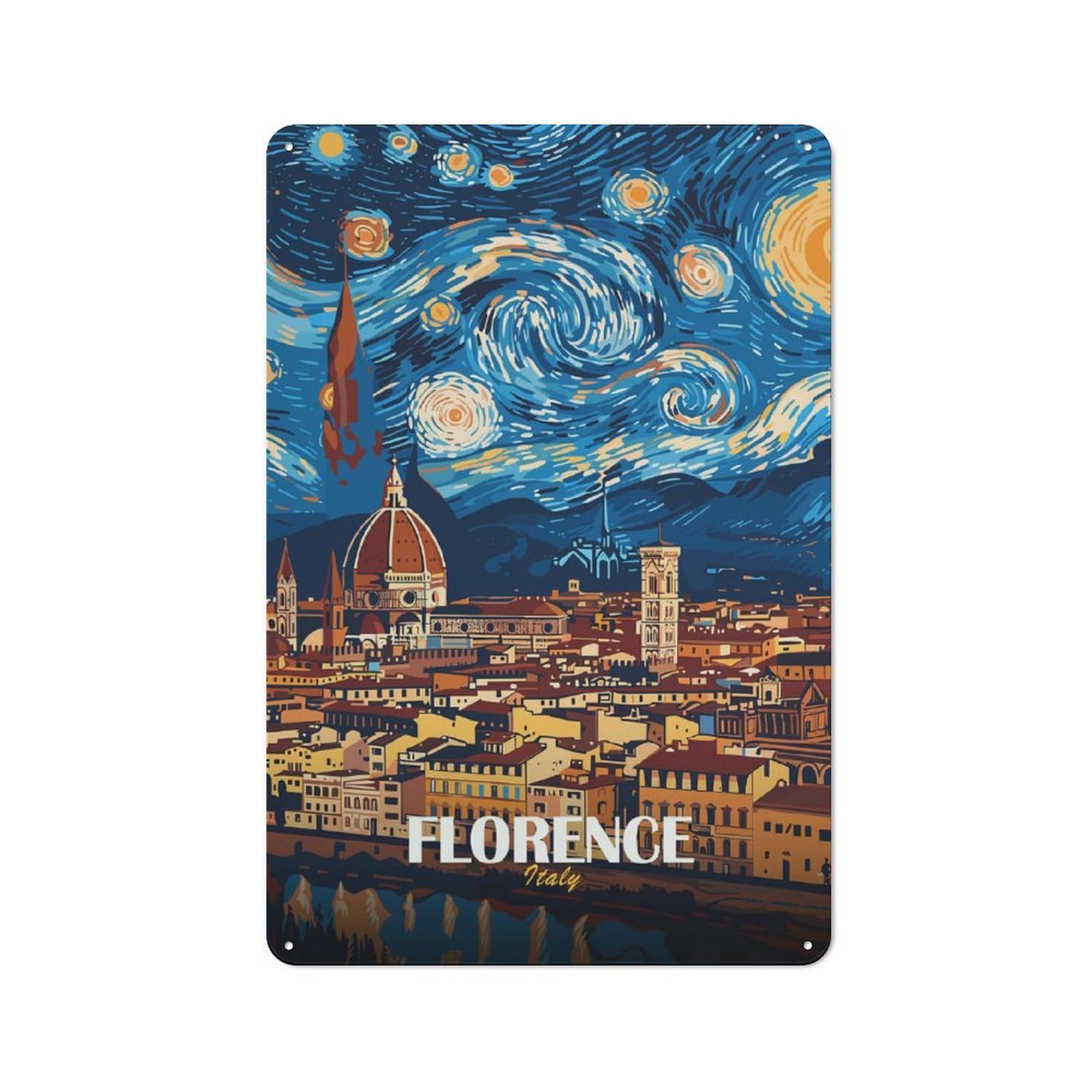 Junmoney Style For Hobby Room Or Studio, Florence Italy Starry Night Art Retro Metal Sign 30X20cm, A Decorative Gift For A Newly Furnished Hobby Room And Studio