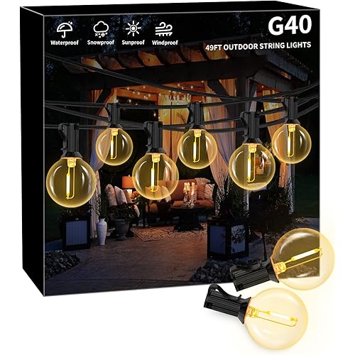 GUDDL 49FT Outdoor String Lights LED, Outside Patio String Lights with 24 Shatterproof Waterproof G40 Bulb, Globe Outdoor Hanging String Lights for Backyard Porch Balcony Gazebo Bistro