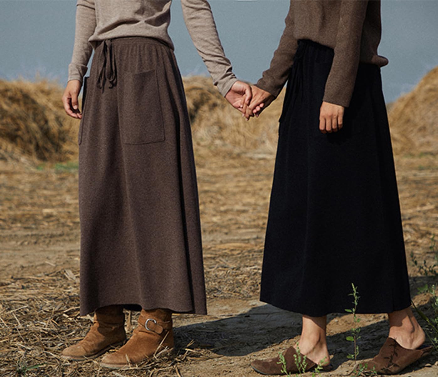 Falda Larga de Lana para Mujer con Bolsillos Cintura Elastica Cálida Falda Midi Plisada Invierno Otoño