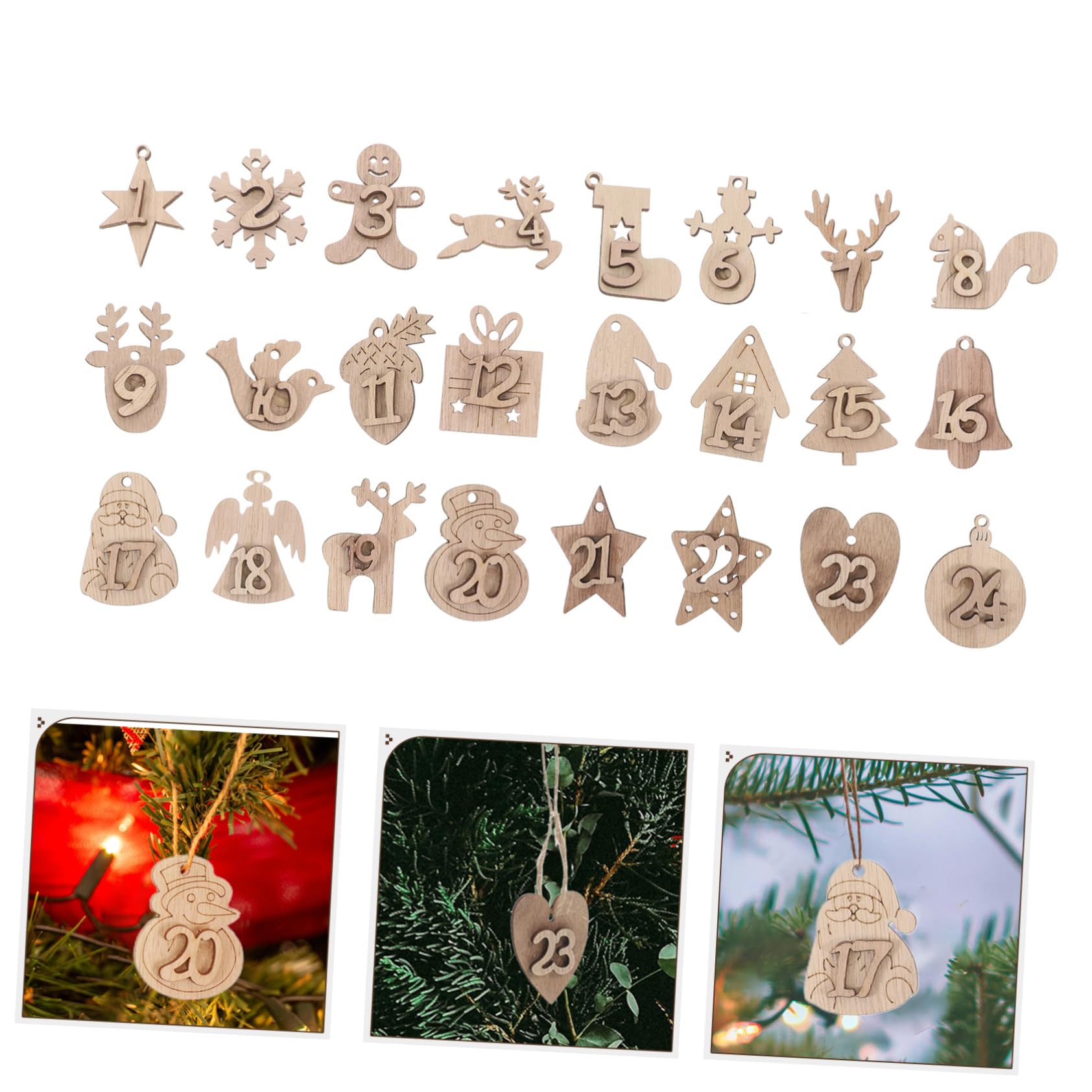 Calendrier de L'avent en Bois Pendentifs et Compte à Rebours Décoration Noël Intérieure 24 Chiffres à Suspendre