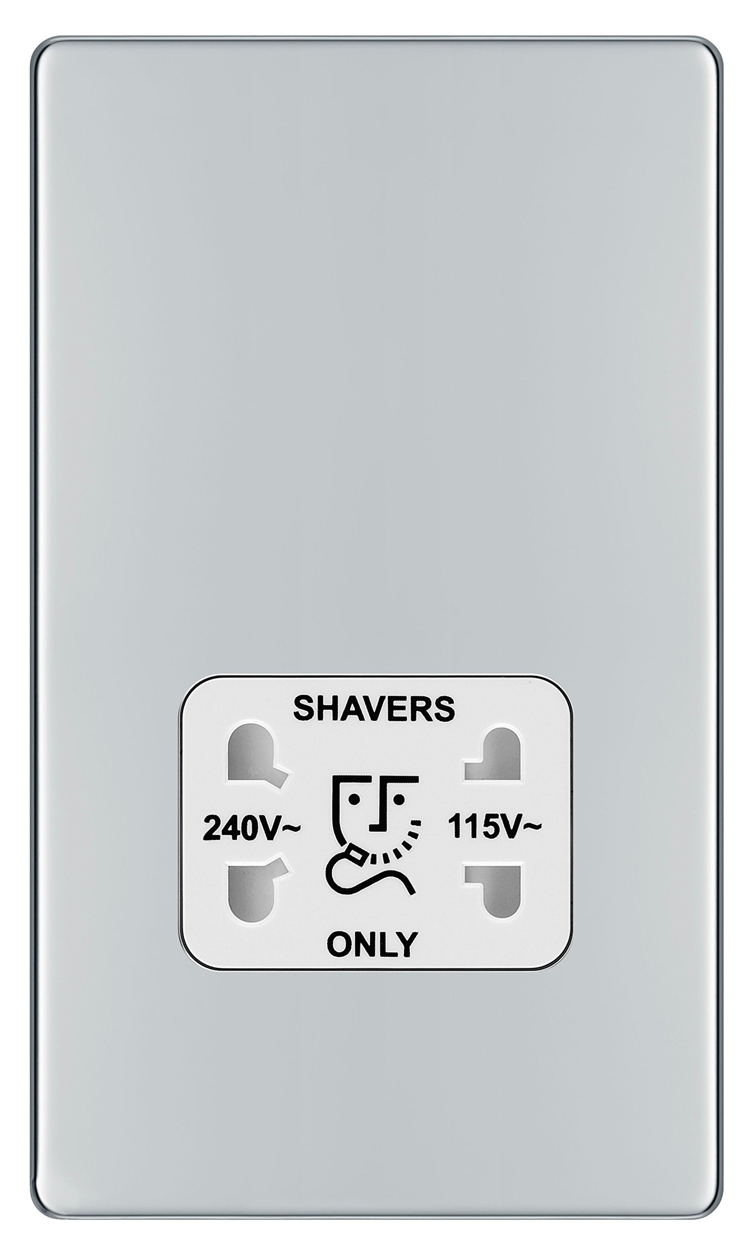 BG Electrical Dual Voltage Shaver Plug Socket, Electric Toothbrush Charger Socket for Bathrooms, Screwless Front Plate, Premium Flatplate, 2-Pin, Polished Chrome, White Inserts, 115V / 240V, FPC20W