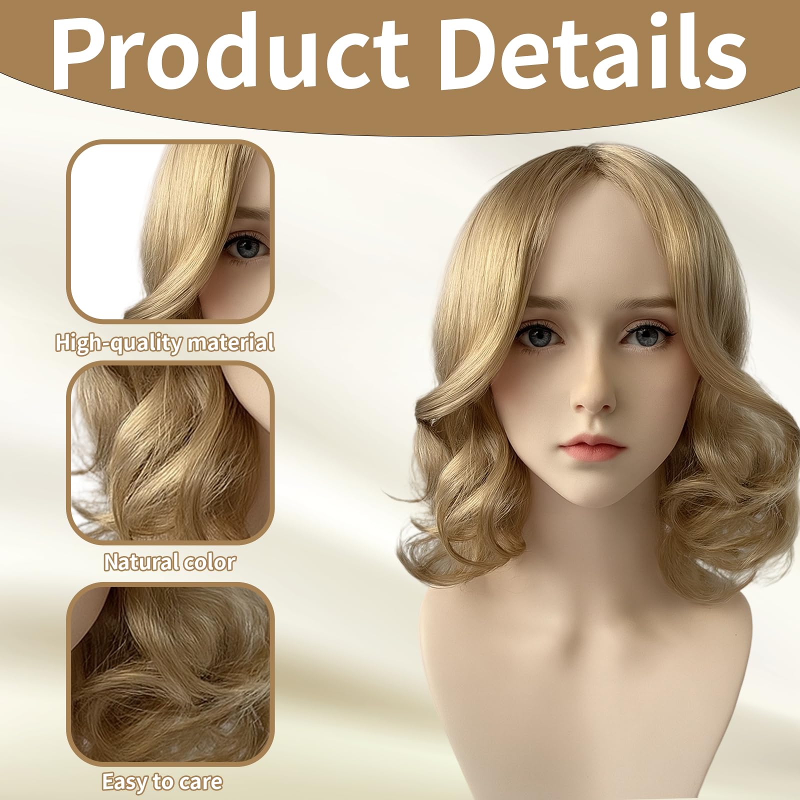 Short Blonde Wig, Blonde Curly Wig Synthetic Hair, Golden Middle Part Wavy Wig for Cosplay Halloween, Parties, Fashion - Image 3