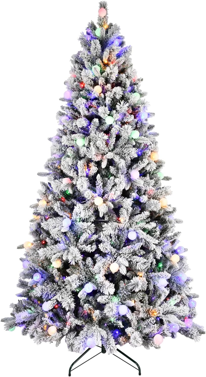 8FT Prelit Flocked Christmas Tree with 470 Two Color LED Lights and 45 Colorful Bauble Lights, 10 Flashing Modes, Pre Lit Artificial Christmas Tree with Snow and Memory Wire Technology for Holiday 8FT Prelit Flocked Christmas Tree with 470 Two Color LED Lights and 45 Colorful Bauble Lights, 10 Flashing Modes, Pre Lit Artificial Christmas Tree with Snow and Memory Wire Technology for Holiday