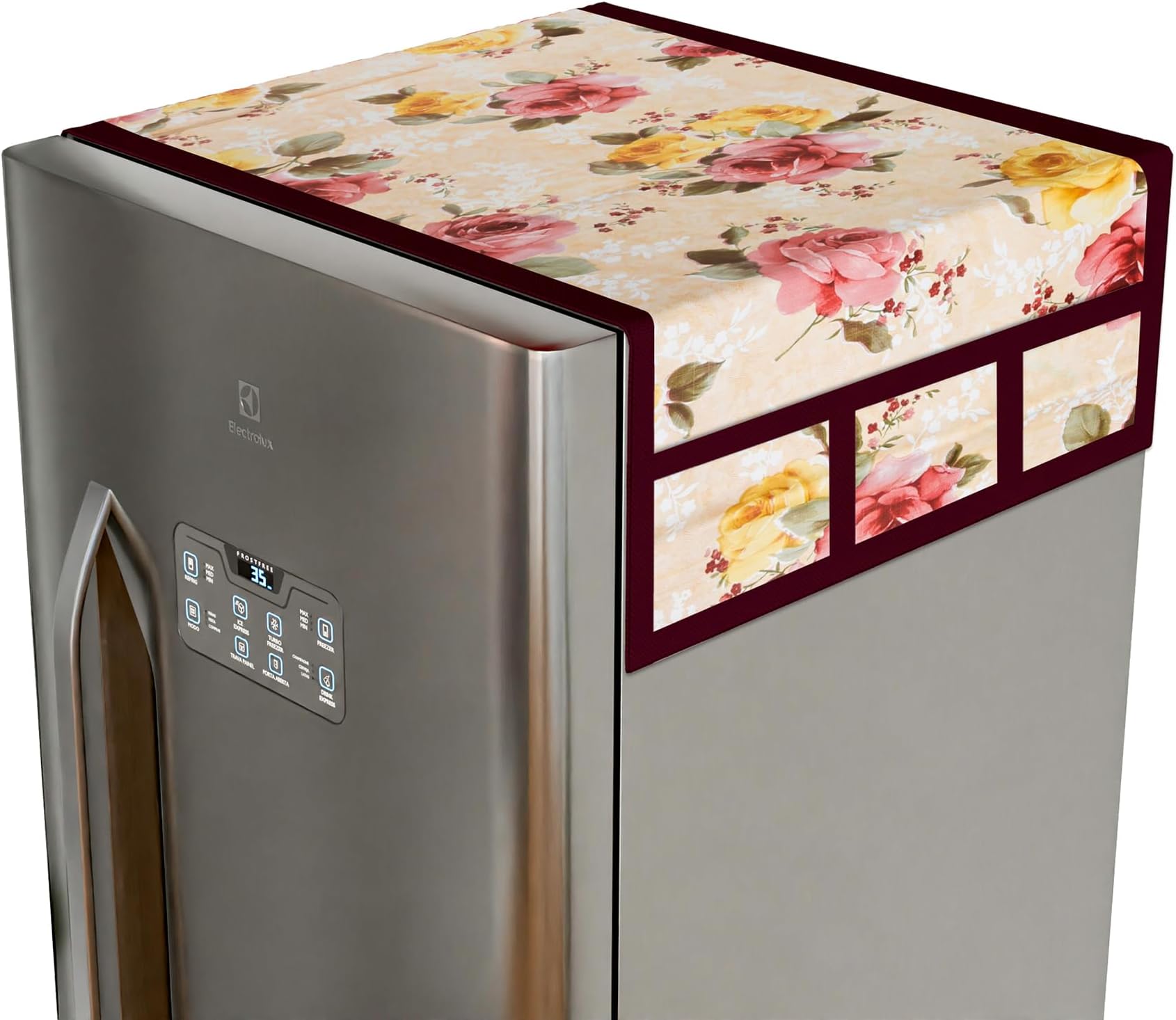 Kuber Industries Fridge Top Cover | PVC Fridge Top Cover | Flower Fridge Top Cover | Refrigerator Cover with 6 Side Pockets | Refrigerator Top Protector | Appliance Cover | Beige