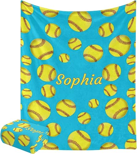Lindas mantas personalizadas de sóftbol para niñas, color verde azulado, para cama, sofá, sofá, viajes, camping, senderismo, suave y acogedora, 50 x