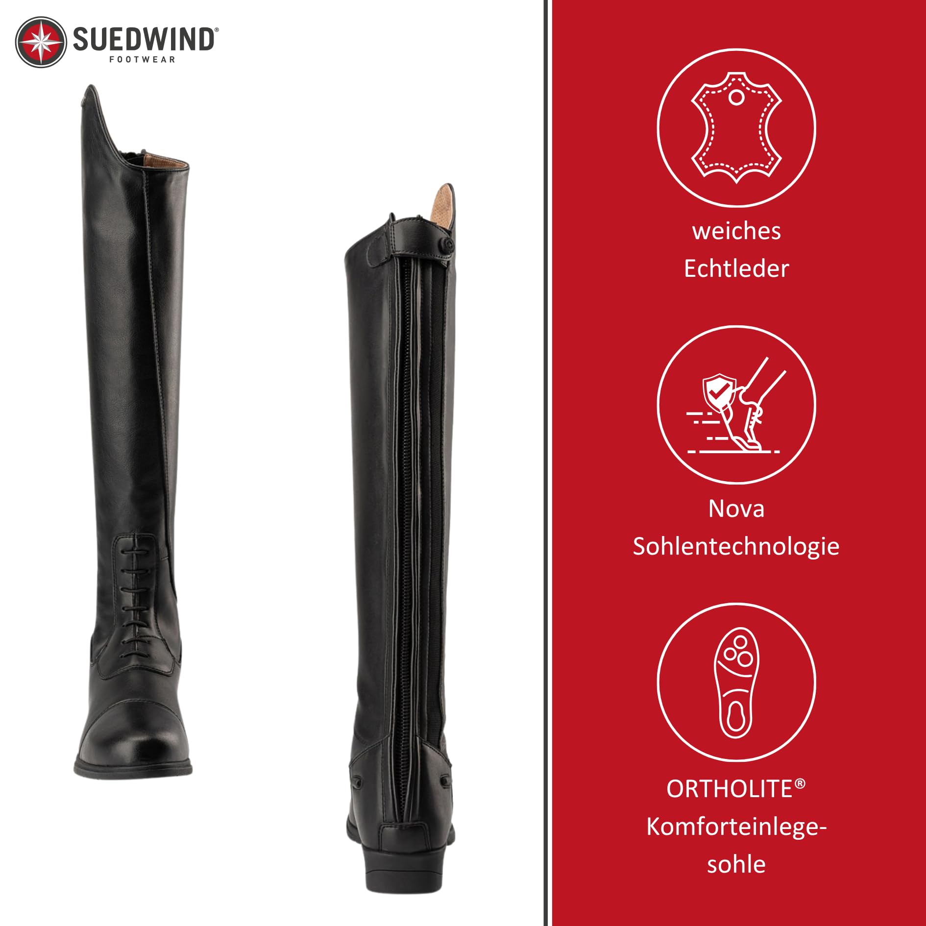 SUEDWIND FOOTWEAR Reitstiefel Nova Vegan Tall - Stiefel aus Lederimitat - Komforteinlegsohle, Nova Gummisohle, Reißverschluss, Mesh-Innenfutter - atmungsaktiv & komfortabel - Schwarz - Gr. 36-41