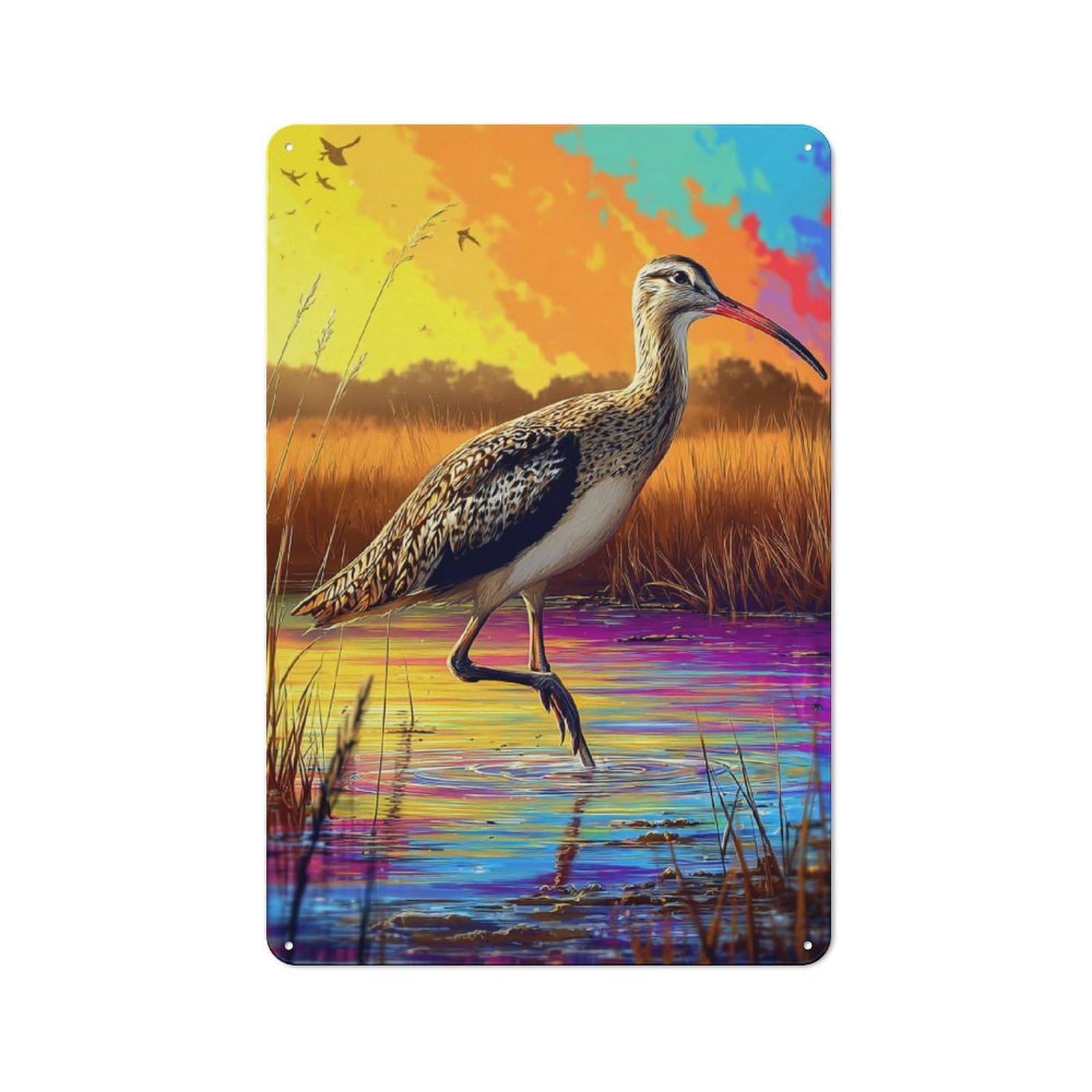 Junmoney Colorful Sunset With Bird In Water Modern Retro Metal Wall Decor 30X20cm, Metal Wall Sign For Loft, Studio, Office Or Creative Room