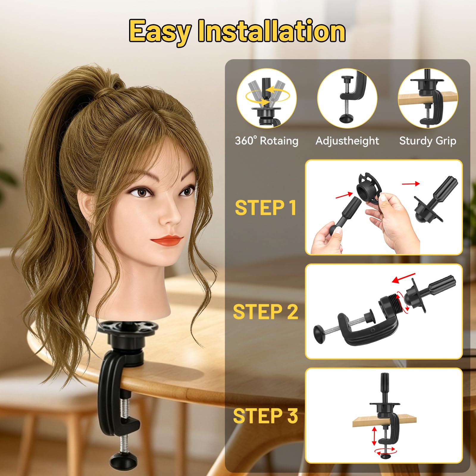 Yofuly Friseur-Trainingskopf, 45,7 cm, 100 % Echthaar, Manikin-Kosmetologie-Puppenkopf zum Flechten und Haarstyling, Übungskopf mit Tischklemme + DIY-Zopf-Set (Hellbraun)
