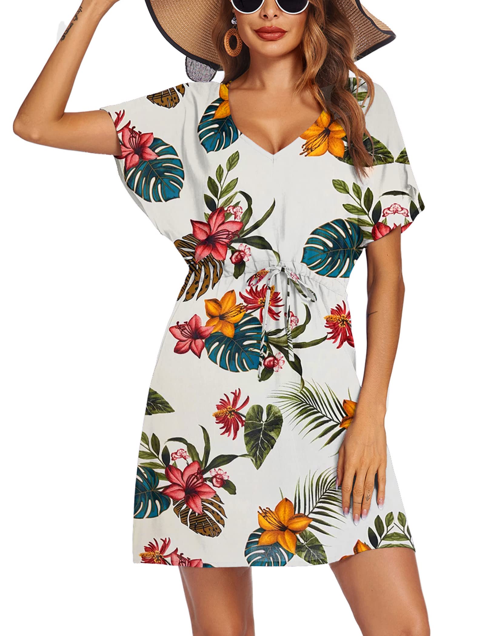 Ekouaer Womens Swimsuit Coverup Short Sleeve Beach Cover Up Dress V Neck Bikini Beachwear