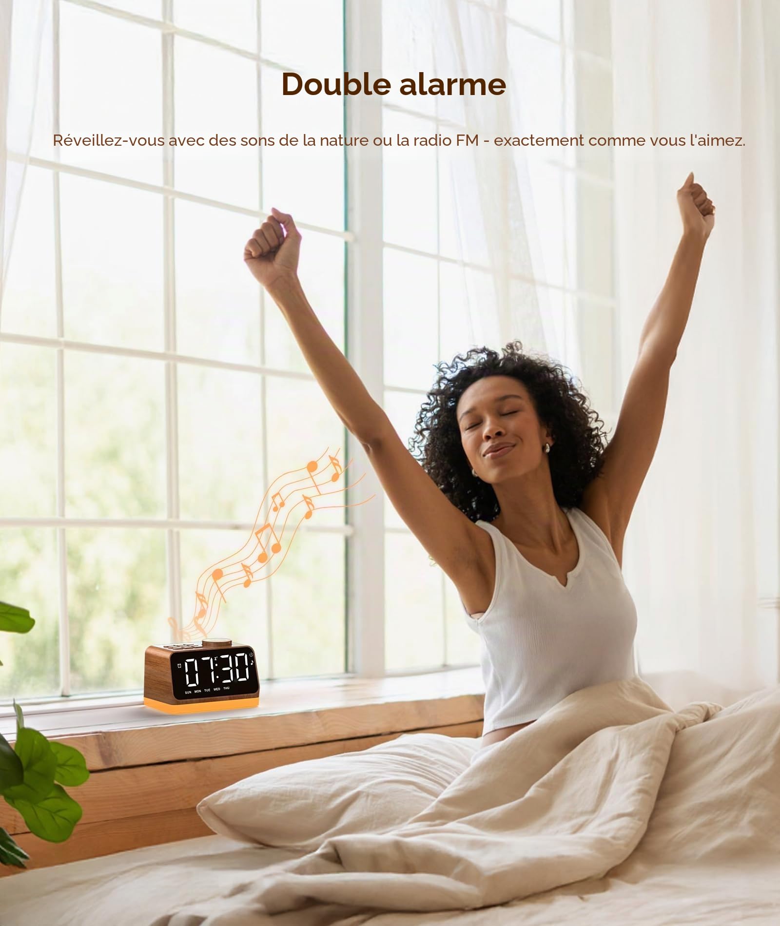 Dreamegg Radio Réveil Numérique avec FM et Bruit Blanc, Double Alarme | 25 Sons, Écran 5 Niveaux, Veilleuse 0-100%, Minuterie 10-480min, 2 Ports USB, Snooze, Prise Casque, pour Chambre, Cadeau