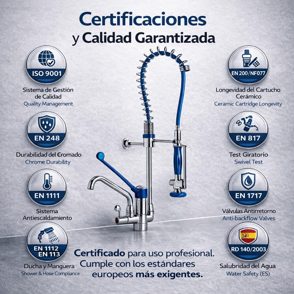 Genebre - Grifo Columna Prelavado Profesional 1803 04 | Grifo Industrial Monomando con Ducha Extraíble y Maneta Médica | Cocina Profesional, Hostelería, AISI 304 Inoxidable
