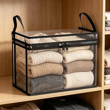 Clear Heavy Duty Storage Bins with Handle & Double Zipper Thick Plastic Moving Bags Waterproof Foldable Organizer for Clothes College Dorm Supplies Alternative to Moving Boxes (Black, Medium)