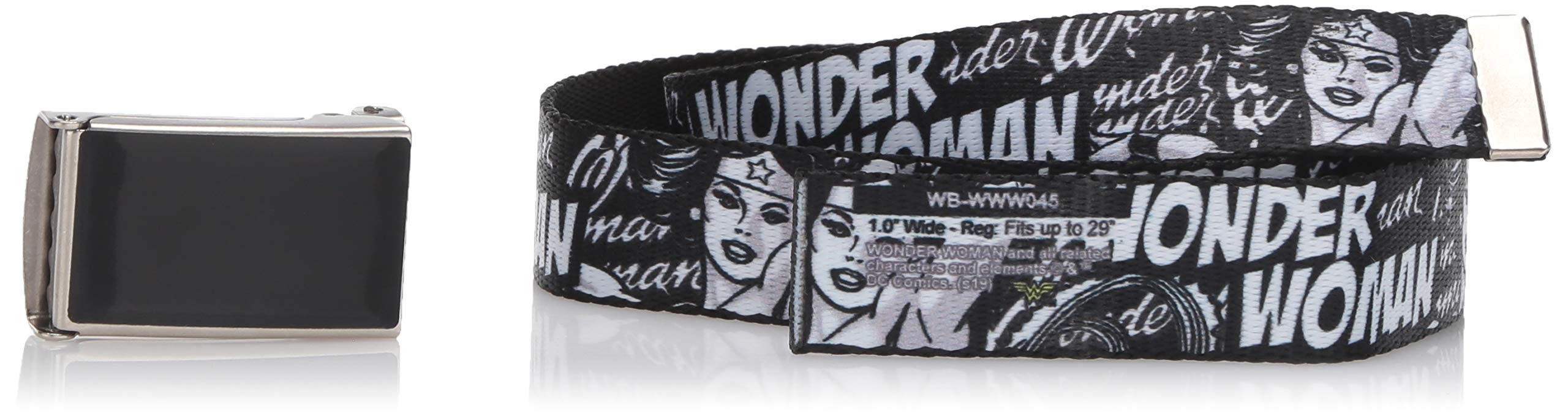 Buckle-Down Web Belt, WONDER WOMAN Action Pose/Text Collage Black/White/Grays, 1.0