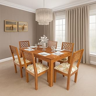 HANDWOOD FURNITURE Sheesham Wood Dining Table(57x35) with 6 Chairs | 6 Seater Dining Set | 1 Year Warranty | Finish Color :- Honey Finish with Cushions -DIY(Do-It-Yourself)