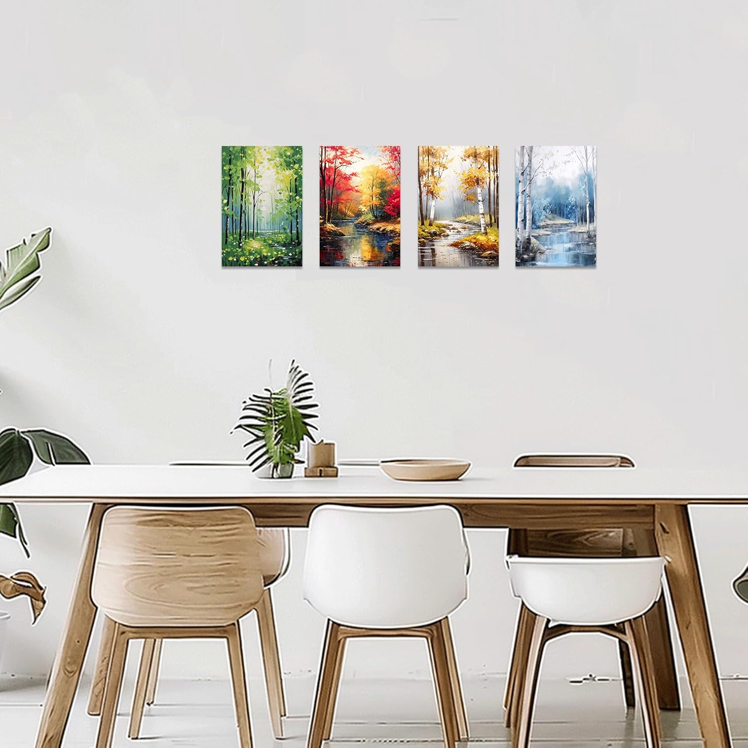 SWQYLB 4 Seasons Canvas Wall Art Spring Summer Autumn Winter Picture 4 Pieces Nature Landscape Painting Forest Prints for Living Room Home Decor Framed (Blue, (12x16inchx4 Pieces))