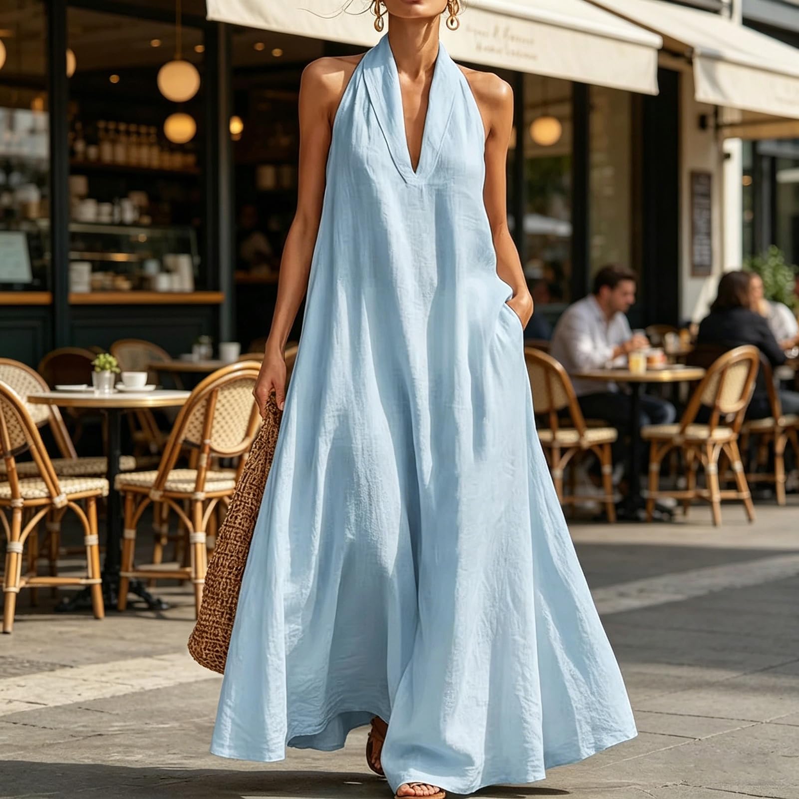 Maxi abito estivo da donna, con scollo a V, senza maniche, con risvolto e tasche, leggero e ventilato, ideale per vacanze in spiaggia, vacanze e abbigliamento casual quotidiano