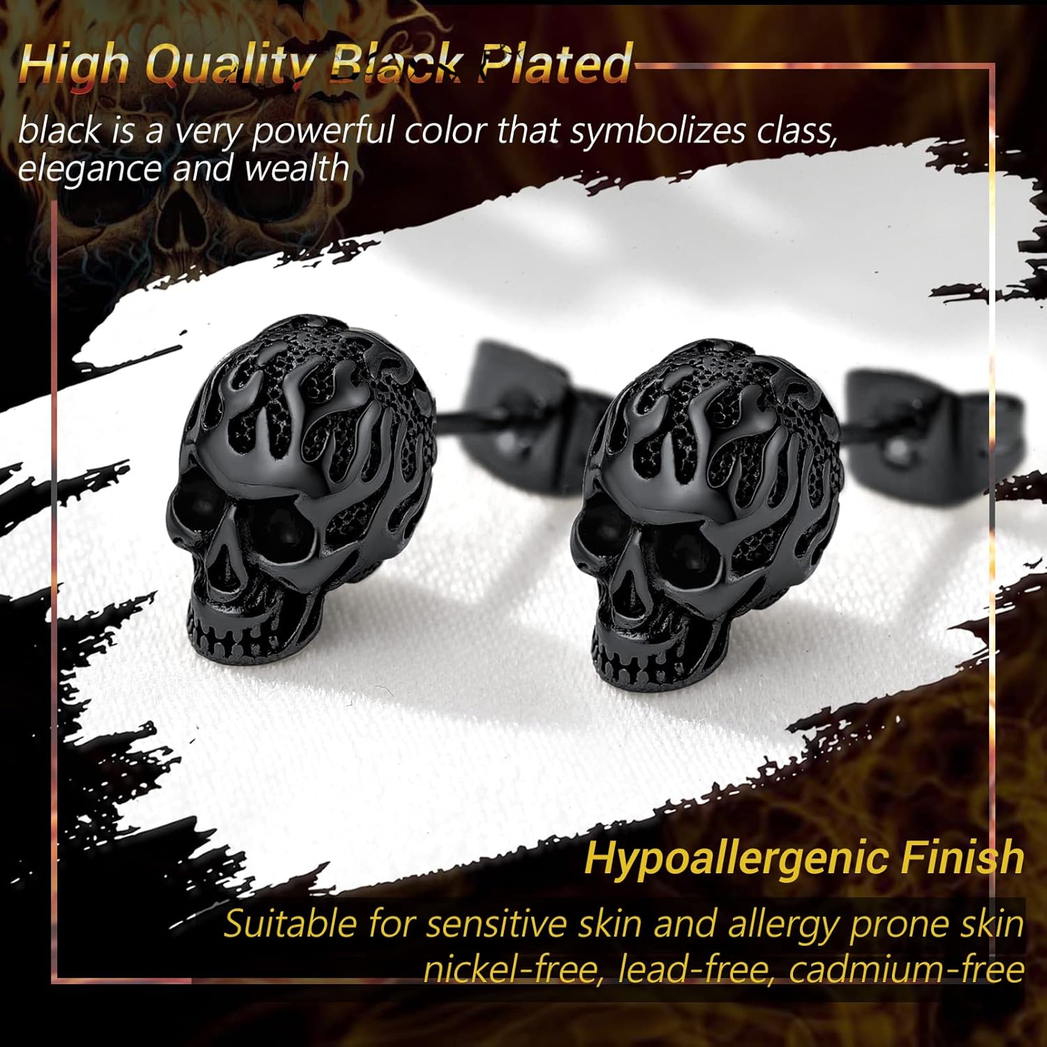 Cool Gothic Skull Earrings for Men Women, Black/Gold Plated Stainless Steel Halloween Earrings, Come Box - Image 5