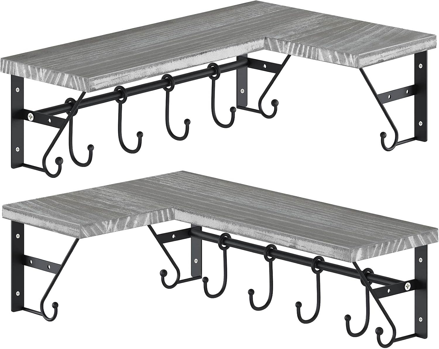GREENSTELL Corner Shelves Wall Mounted, Pine Floating Shelves Set of 2 with Hooks and Towel Bar, Rustic Wood Corner Wall Storage Shelves for Bathroom, Living Room, Kitchen, Bedroom Grey