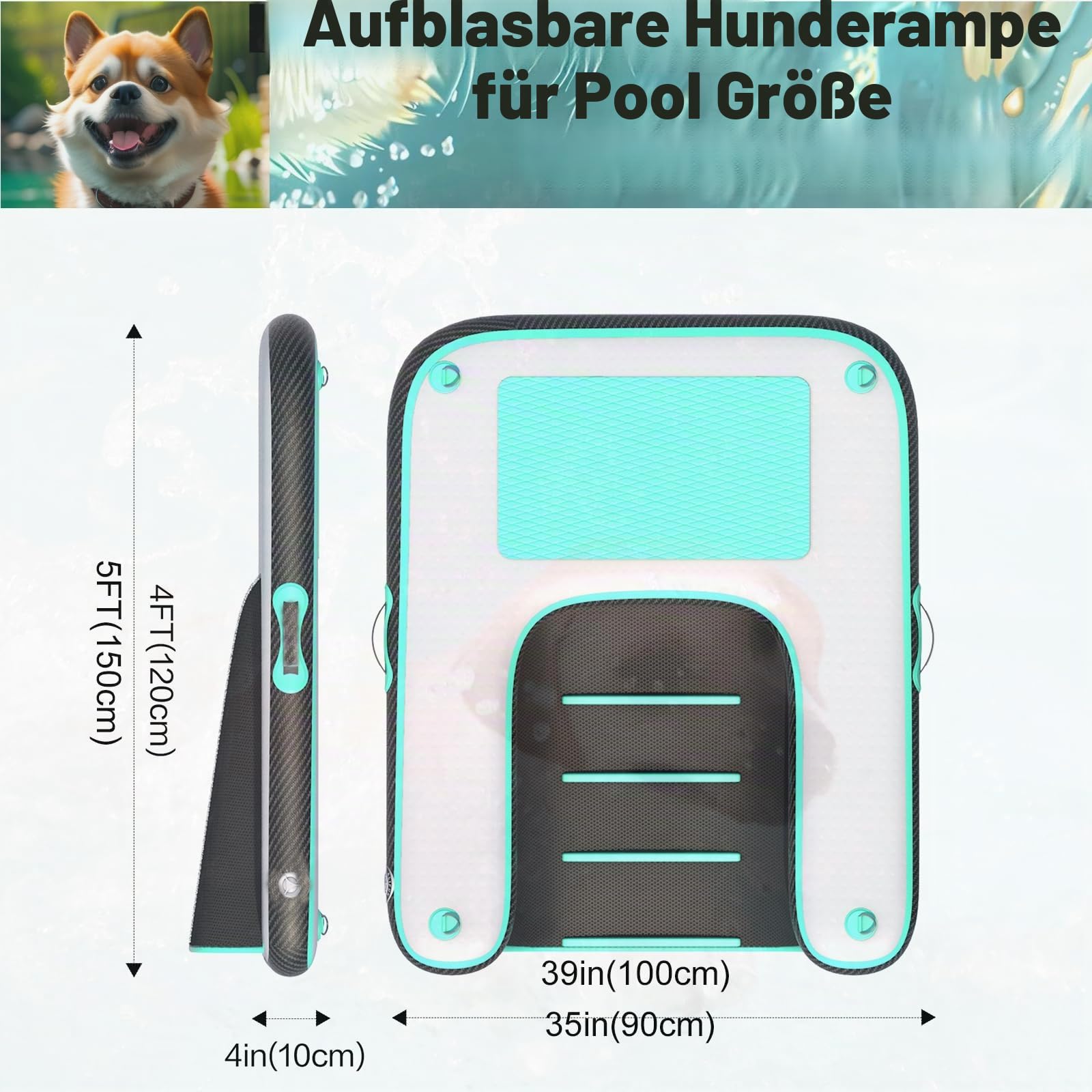 Hunderampe Aufblasbare Hunde Wasserrampe, Hundeboot Rampe Schwimmende Dock Leiter für Pool, Boot, See, rutschfeste Eva-Schwimmleiter für Hunde bis zu 100 kg tragbarer Hundesteg mit Pumpe