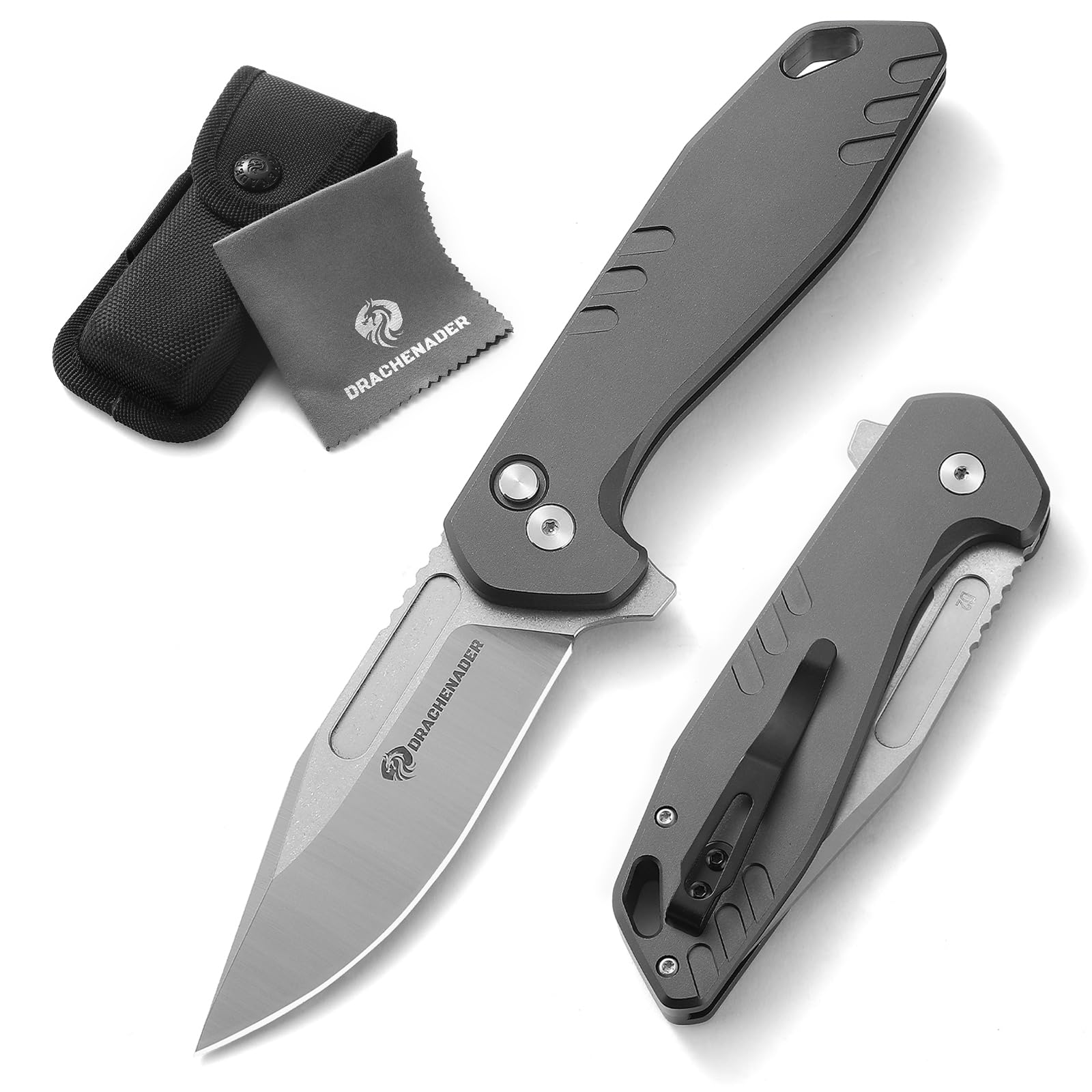 DRACHENADER Button Lock Pocket Knife, B-FENG Pocket Knife for Men with Aluminum Handle, Clip, Nylon-Sheath (Horizontal and Vertical Carry), D2 Stainless Steel, for Camping (Gray)