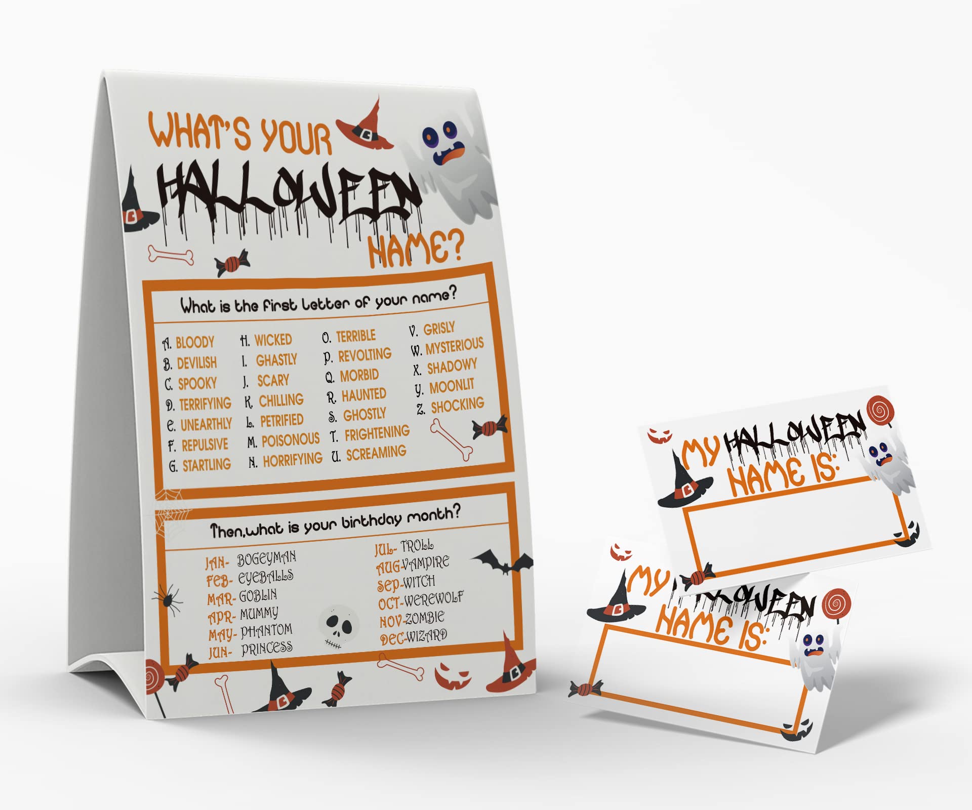 Amazon.com: What's Your Halloween Name Game, 1 Halloween Theme Sign and 50  Name Tag Stickers, Halloween Party Games, Birthday Game for Kids and Adult  Parties, Activity Game for Office or Class |