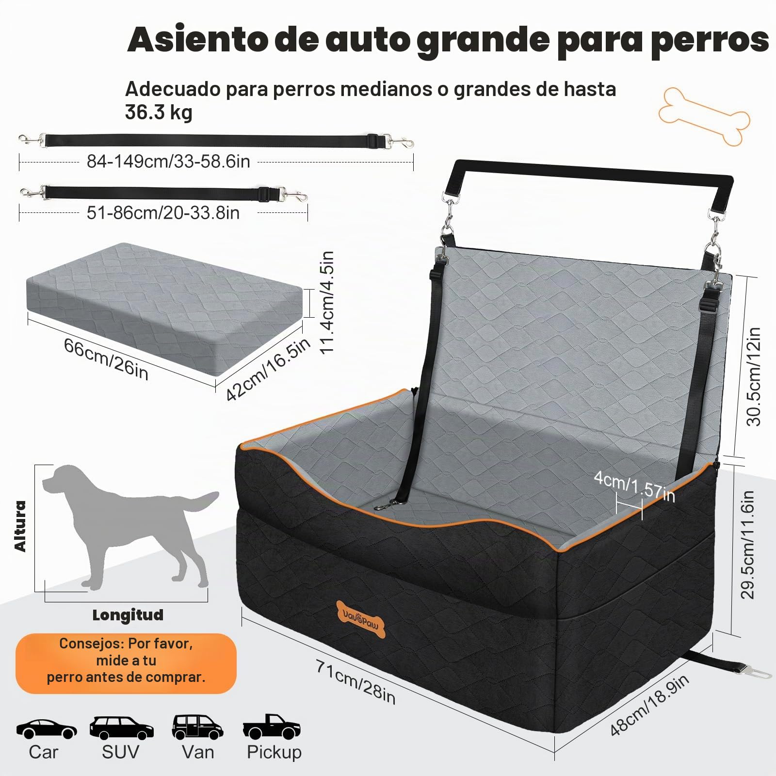 VavoPaw Asiento de Coche para Perro, Asiento Elevador Impermeable con Correa de Seguridad y Cojín Grueso, Cama Extraíble en Asientos Trasero para Mascotas Perro Mediano para Viajar