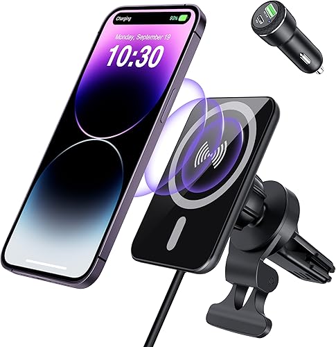 Cargador de montaje en auto MagSafe, cargador magnético inalámbrico para automóvil, cargador magnético de montaje de teléfono para automóvil MagSafe
