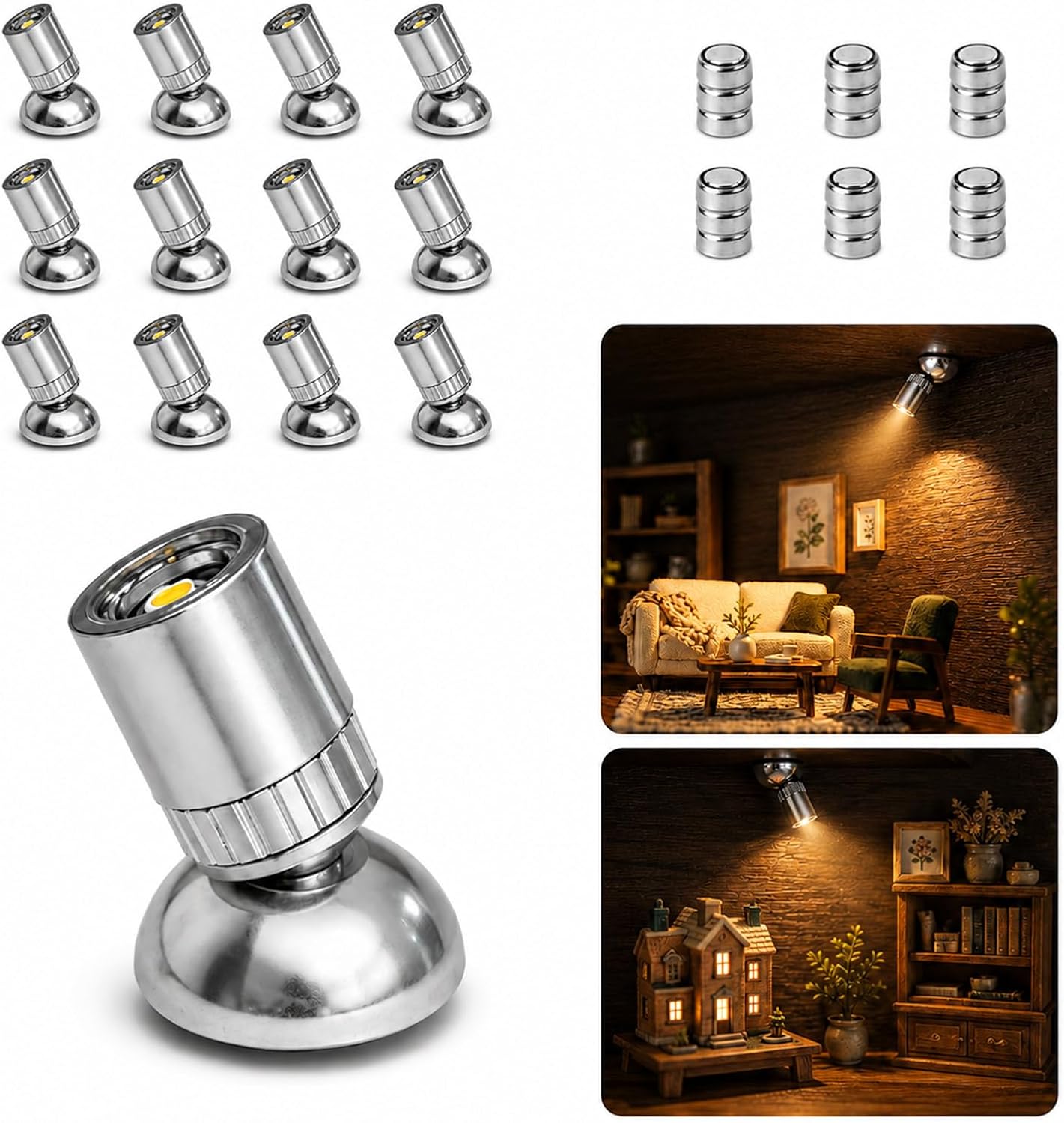 12 Pack Mini Lights, Warm White Battery Mini Spotlight, Rotate 350°