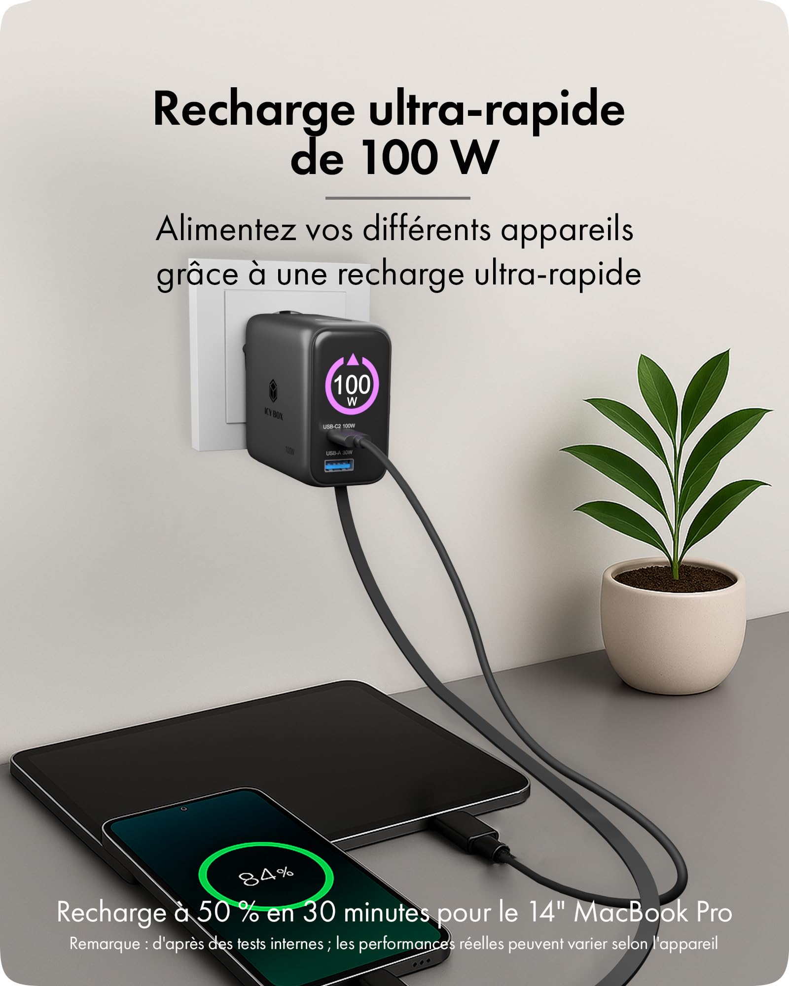 ICY Box Club Charger IB-PS1002 Chargeur Rapide USB-C GaN avec écran, 2 Ports USB-C + USB-A Multi-Ports, câble USB-C rétractable intégré de 70 cm, Bloc d'alimentation Power Delivery, IB-PS1002