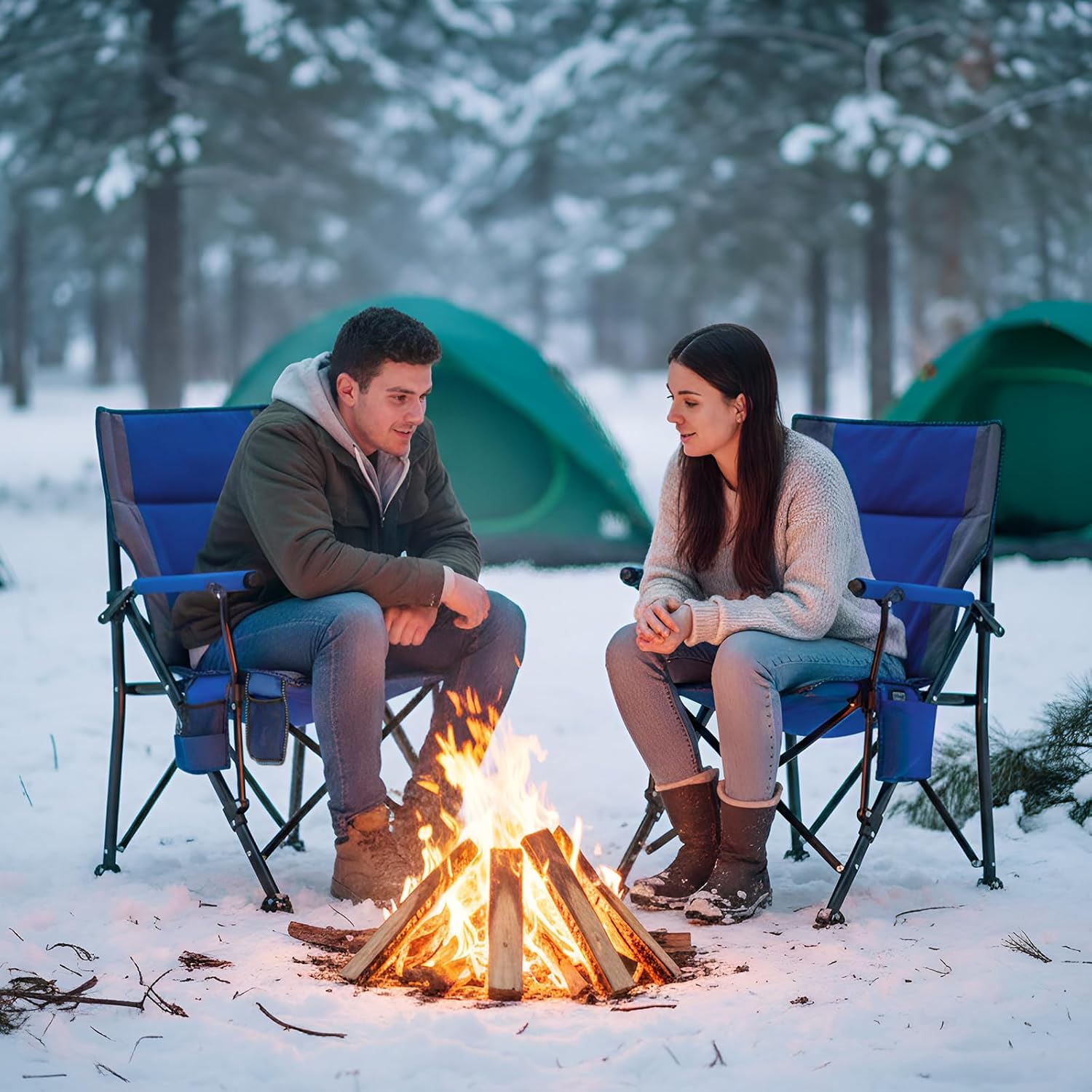 2 Pack Heated Camping Chair for Adults Outdoor Folding Heated Chair with Side Pocket and Cup Holder for Sports Lawn Hunting Picnics Patio Beach, Power Bank Not Included Blue, Grey
